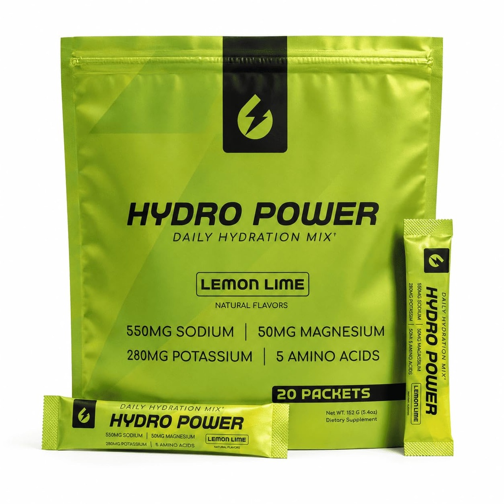 Hydro Power Hydration Powder – Daily Electrolyte Drink Mix Powder with Sodium, Potassium, Magnesium & Amino Acids – Hydration Support Supplement – Lemon Lime Flavor – 20 Servings, 4.59 oz Size