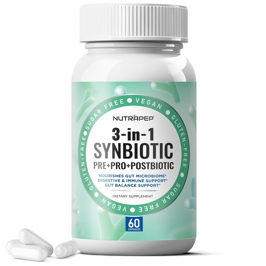 NutraPep Synbiotics Probiotic Prebiotic Postbiotic - Daily Gut Health Support with Pre Pro & Post Biotics for Men Women - Digestive & Immune Support Balance Synbiotic Supplement - Vegan Gluten Free