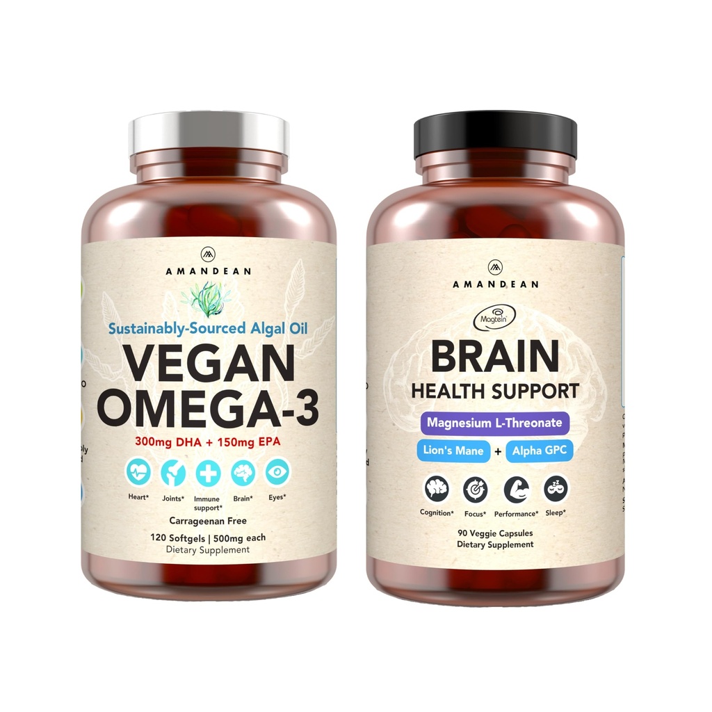 AMANDEAN Brain & Vegan Omega-3 Bundle:镁喉酸盐,美国-Grown Lion's Mane 6:1,Alpha-GPC & Algae DHA/EPA. 脑,眼,心和皮肤健康的植物基本脂肪. 鱼油替代品。