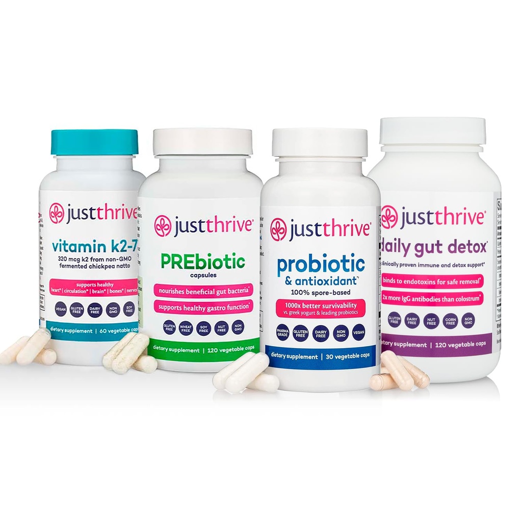 Just Thrive Core Health Complete Capsules Bundle – Probiotic, PREbiotic, Daily Gut Detox and Vitamin K2-7– Advanced Digestive, Detox, and Circulatory Support for Complete Body Wellness