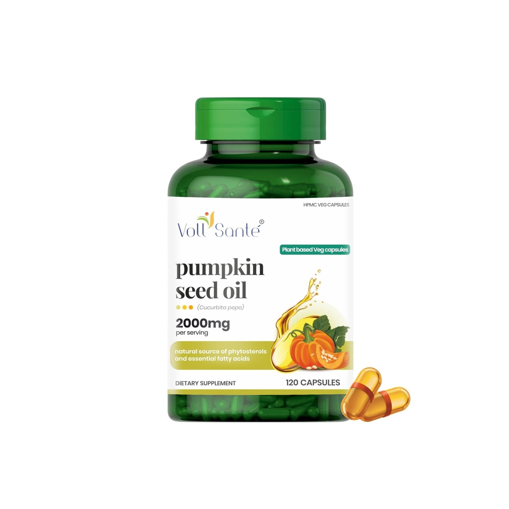 VOLL Sante Pumpkin Seed Oil Capsule-2000 mg Per Serving| HPMC Plant-Based Veg Capsules| Non-GMO| Cold-Pressed | Ayurvedic Supplement | Natural Source of Omega 6&9 Essential Fatty Acids |120 Capsules
