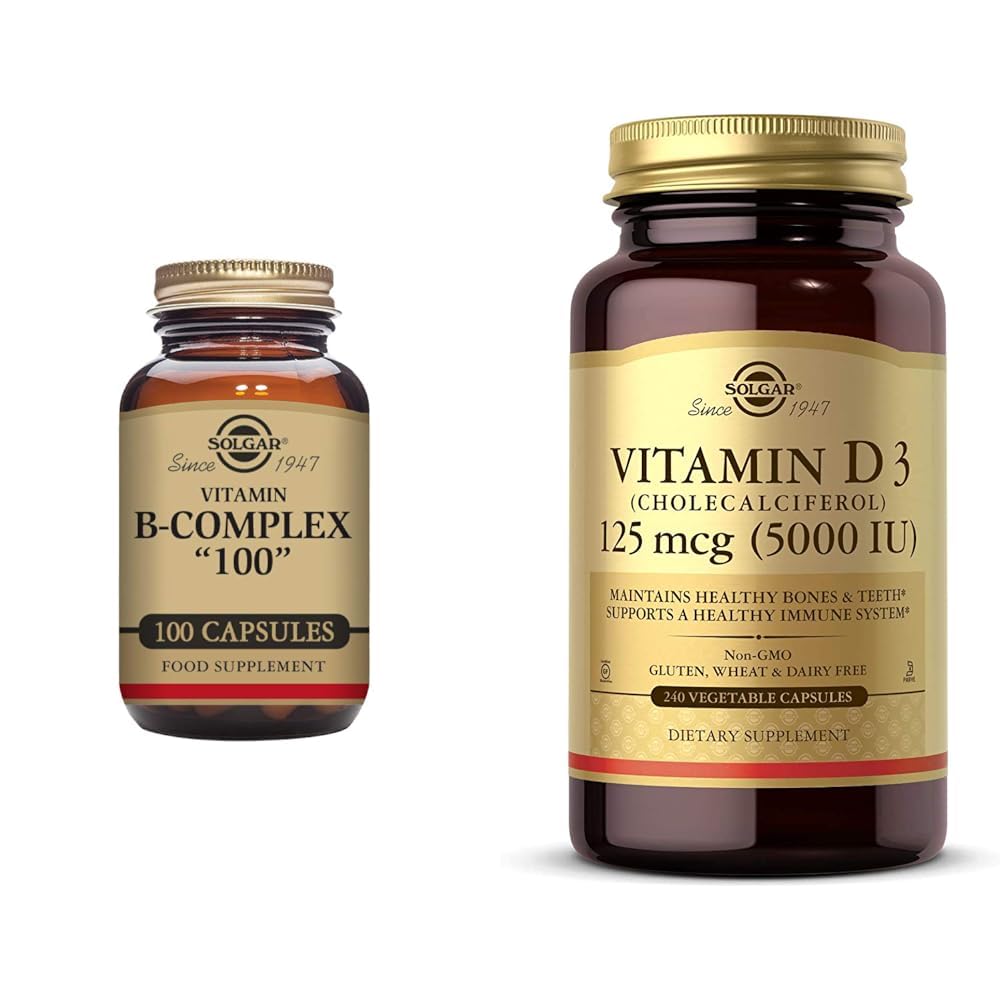 SOLGAR B-Complex 100", 100 Vegetable Capsules - Heart Health - Nervous System & Vitamin D3 (Cholecalciferol) 125 mcg (5000 IU), 240 Vegetable Capsules - Helps Maintain