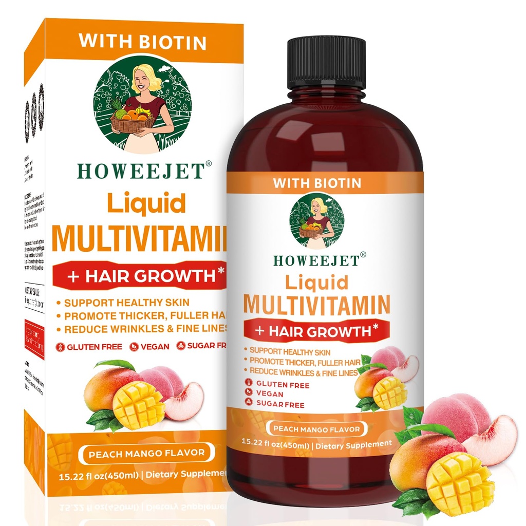 Liquid Multivitamin for Hair Growth | Biotin 10000mcg | Hair & Skin Support Supplement | Clinically Tested for Thicker Hair & Skin Elasticity | Suitable for Women & Men, Ages 18+ | 15.22 Fl Oz (1)
