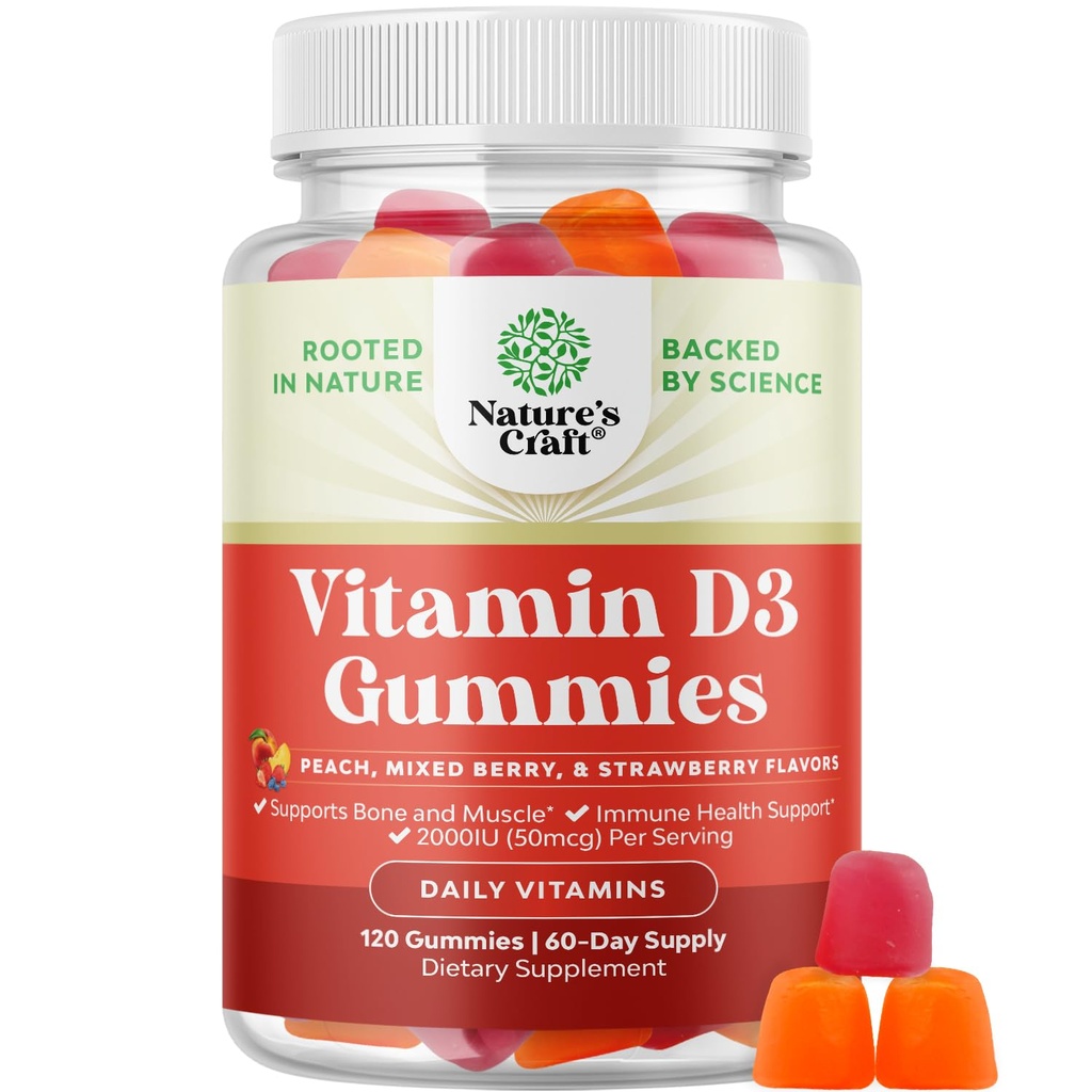 Natures Vitamin D3 Gummys for Daily Wellness - 成人美味的维生素D Gummys 配有D3 2000IU / 服务骨骼和免疫支持 - 非GMO Gelatin & Gluten Free(60天供应)