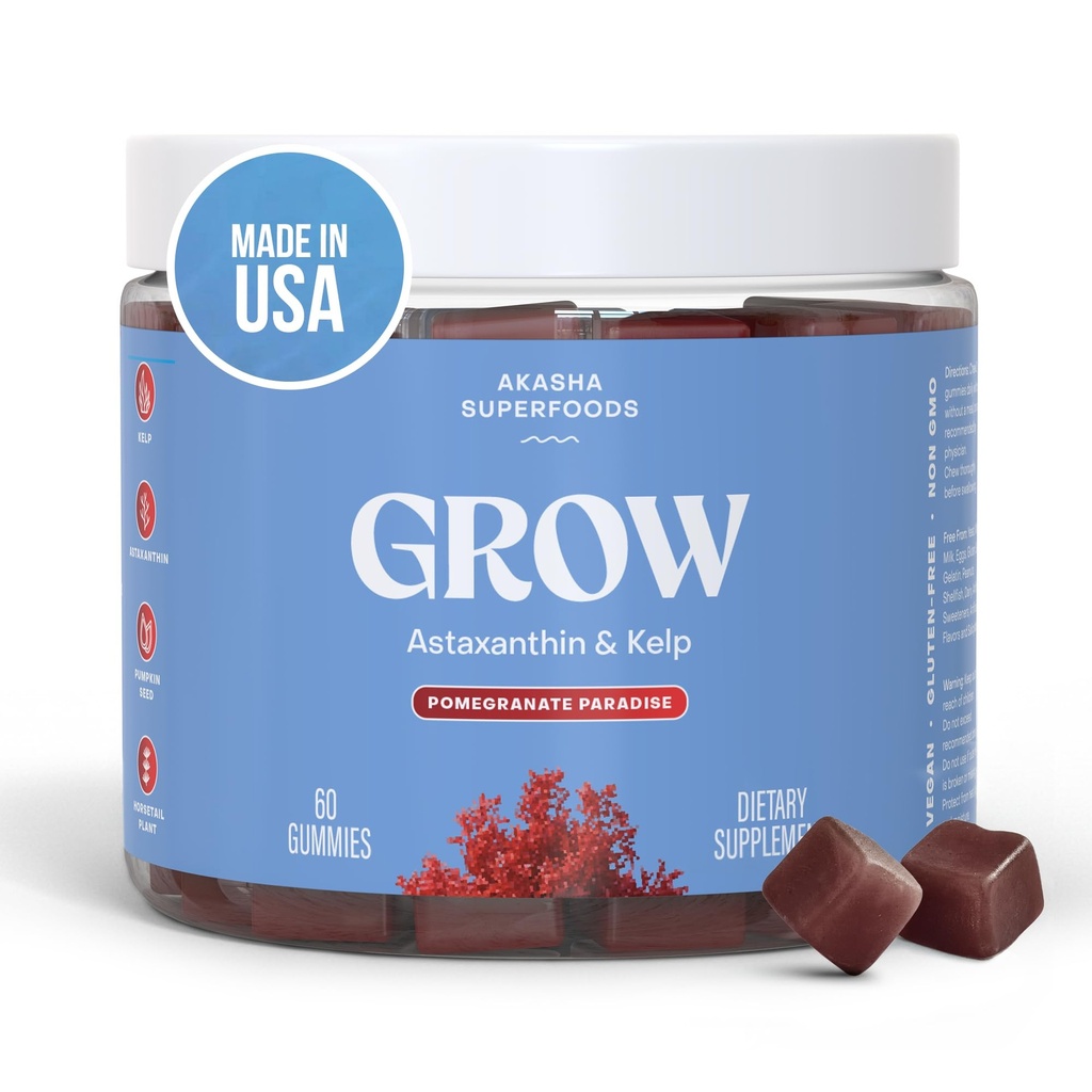 Akasha Superfoods Grow Hair & Beauty Gummies, Supplement with Zinc, Vitamin E, Astaxanthin, Kelp, & Pumpkin Seed, Plant Based Gummies for Women & Men, Gluten Free, Vegan, American Made, 60 Count