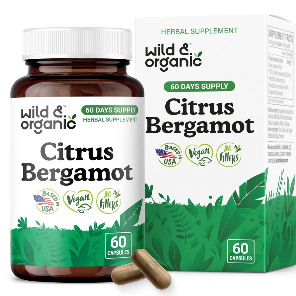 Wild & Organic Citrus Bergamot Capsules - Antioxidant & Overall Support - Citrus Bergamot Extract Capsules - Bergamia Fruit Powder Supplement - Vegan, No Fillers, Non-GMO - 60 Count