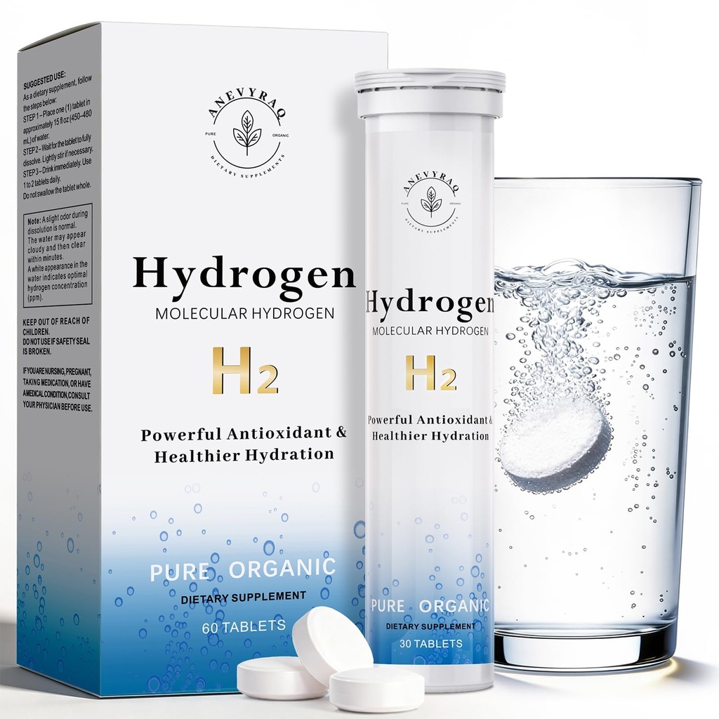 Hydrogen Water Tablets with Magnesium, 8 PPM H2 Molecular Hydrogen Tablets for Drinking Water, Energy & Recovery Support, 60 Unflavored H2 Tabs Hydrogen Tablet, Sugar-Free 2 Month Supply