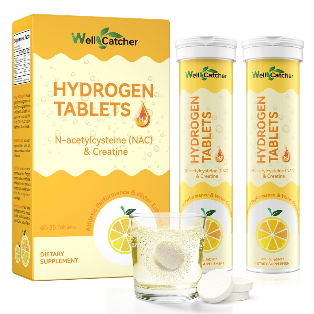 Hydrogen Water Tablets for Drinking Water: 12.4 PPM Molecular Hydrogen H2 Tablet for Drinking Water with Magnesium NAC & Creatine for Energy Focus Recovery, Lemon Flavor Vegan Sugar Free 30CT
