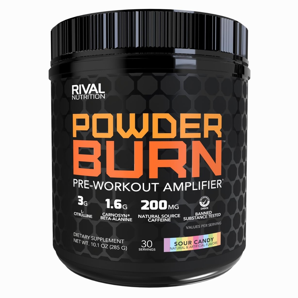 RIVAL NUTRITION Powder Burn Pre-Workout Energy Powder for Men and Women I 3g L-Citrulline, 1.6g Beta-Alanine, 625mg Electrolytes, 200mg Natural Caffeine Per Serving I 30 Servings (Sour Candy)