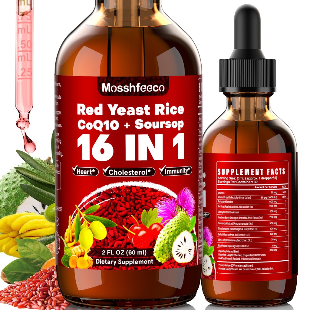 Red Yeast Rice with CoQ10 & Soursop Leaf Extract - Vegan Cholesterol Support Supplement with Red Yeast Rice Extract, Promotes Heart & Immune Health, Non-GMO-2 Fl Oz