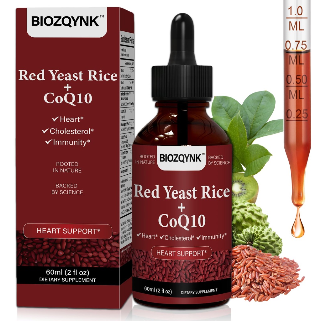 BIOZOYNK Red Yeast Rice + CoQ10 Liquid Drops – Plant-Based Cholesterol & Cardio Support with Citrus Bergamot, Soursop, Garlic & Olive Leaf – Vegan, Alcohol-Free Supplement, 2 fl oz (60 mL)