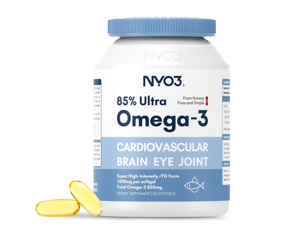 NYO3 Omega 3 Fish Oil 1000mg, rTG Omega 3 Fatty Acids w/EPA & DHA, Wild-Caught Burpless Fish Oil, Supports Heart Brain Health, 60 Softgels (Product Nearing Expiration)