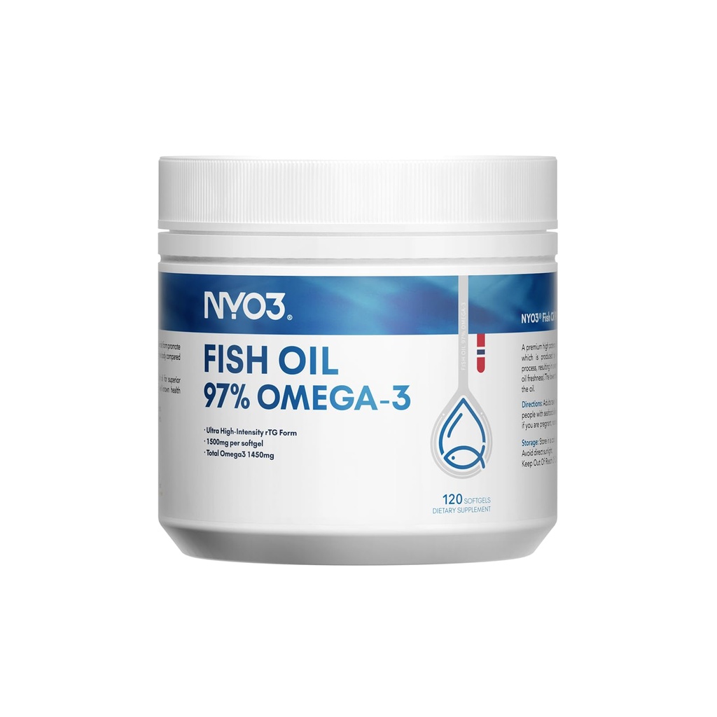 NYO3 Omega 3 Fish Oil 1500mg with DHA & EPA, 97% High-Potency Omega 3 Fatty Acids,Support Heart, Brain & Joint Health,No Fishy Aftertaste,Non-GMO,120 Softgel (Product Nearing Expiration)