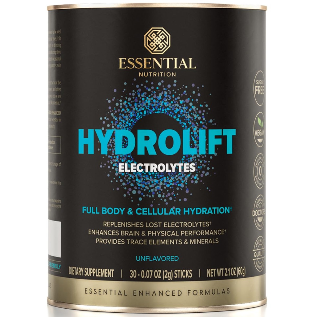 Essential Nutrition Hydrolift Electrolytes - Powerful Hydration Formula - with Trace Elements & Minerals - Keto Friendly - Sugar Free - Unflavored - 30 Sticks