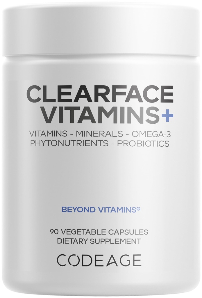 编码 清面 泛神酸 Niacin 补充 维生素 A, C, D3, E, Probiotics, Zinc, Ribolavin, Thiamin, L-Lysine HCL & Omega-3, Niacinamide, Skin 植物混合物 - 非GMO - 90 Capsules