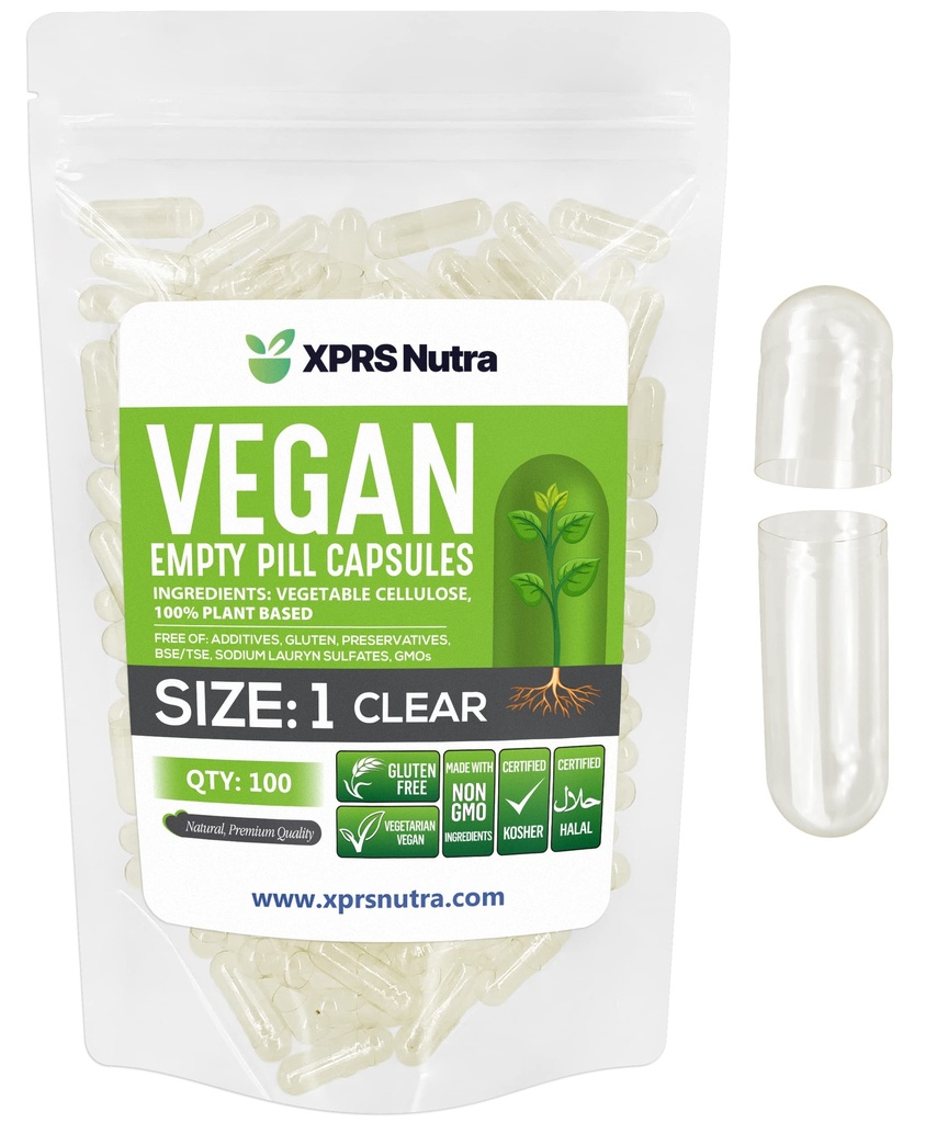 XPRS Nutra 大小 1 空盖- 100 清空 Vegan Capsules - 蔬菜药丸 - DIY 蔬菜药丸 填充 - Veggie Pill Caps for Do- It- yourself suppers