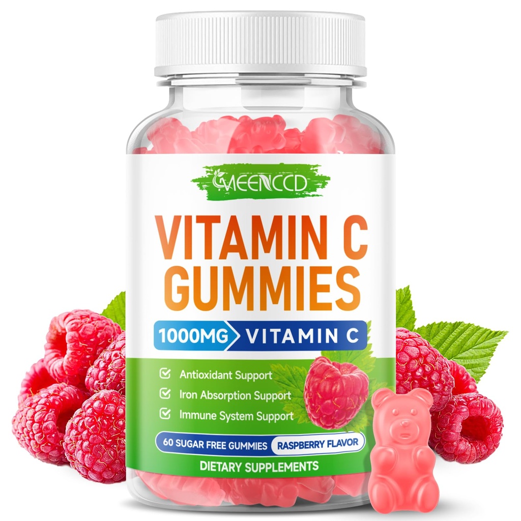MEENCCD Organic Vitamin C Gummies for Adults, Chewable Vitamin C Gummies with Zinc for Antioxidant Support, Vegan, Non-GMO, Sugar-Free, Raspberry Flavor, 60 Count