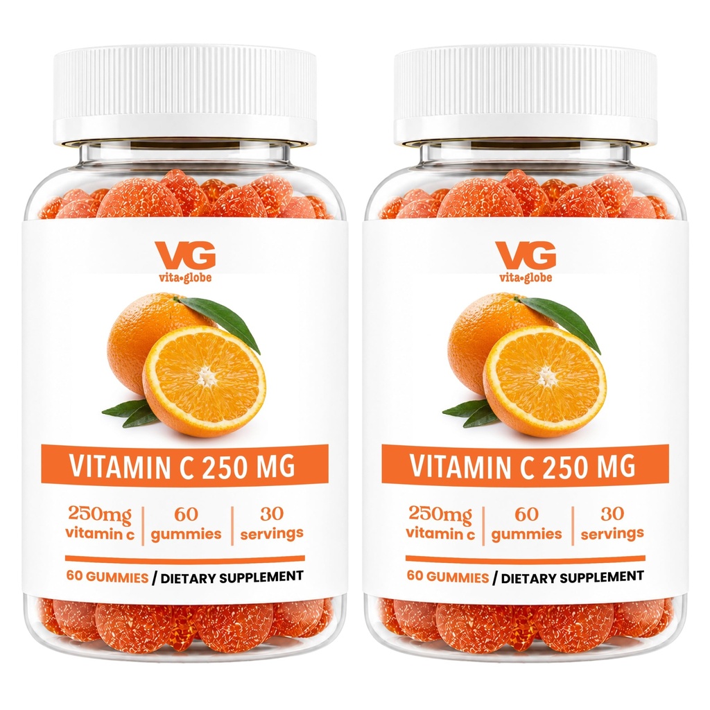 VITA GLOBE Vitamin C 250 mg Gummies with Collagen, Vegan, Non-GMO, Immune Support Supplement, Chewable Vitamins, Orange Flavor, Antioxidant Supplement for Adults, 60 Count (2 Pack)