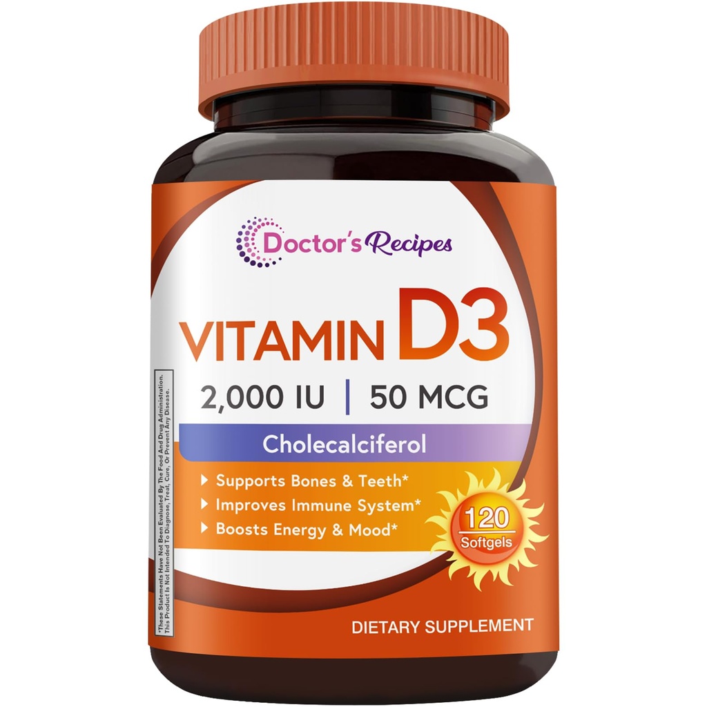 Doctor's Recipes Vitamin D3 2000 IU, Cholecalciferol, 120 Softgels, Non-GMO, Bones, Calcium Absorption, Immune Health, Energy & Mood Support