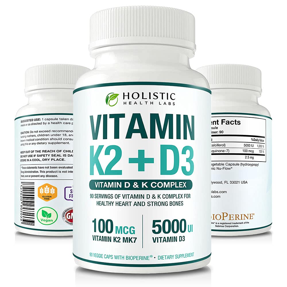 最大吸附维生素K2 + D3 (5000IU) 来自MK-7(Menaquinone-7)和Cholecalciferol(与BioPerine)的90 维吉卡普尔 3-Months 供应 – D3 与 K2 用于健康心脏和坚固骨头 → XN-GMO