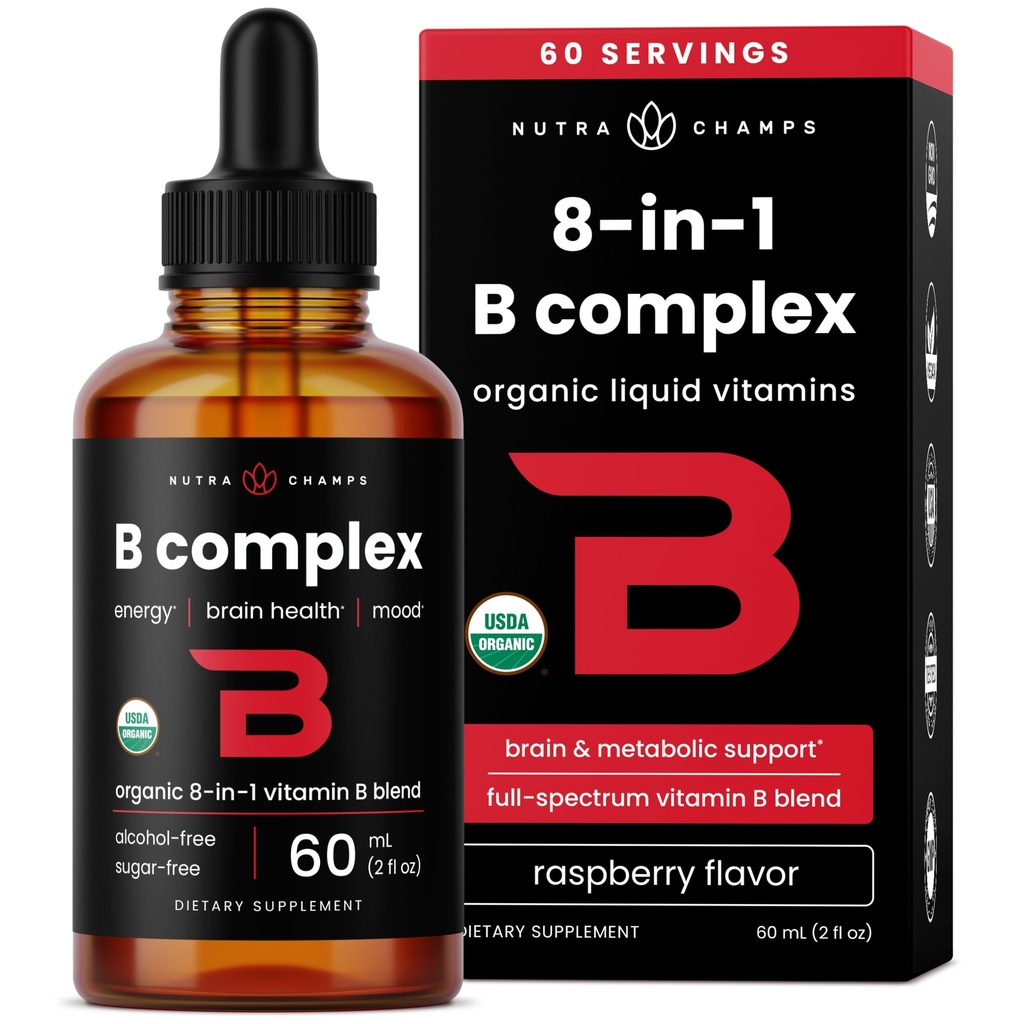 USDA 有机维生素B 复合液体滴滴 B12 亚语言 B1 | B1, B2, B3, B5, B6, B7, B9 | 男女甲基B 维生素化合物 | Biotin, Niacinamide, Folate & Folic酸, 2oz
