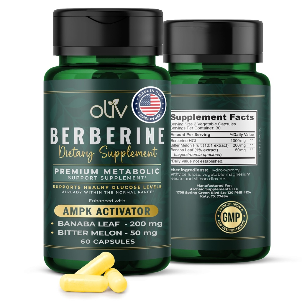 oliv 纯柏柏林补充卡普尔(Capsules – Berberine HCI 1000mg) - 天然代谢支持,配有200mg Bitter Melon 水果提取和50mg Banaba Leaf – 2 Veggie Capsules Daily (30 services)