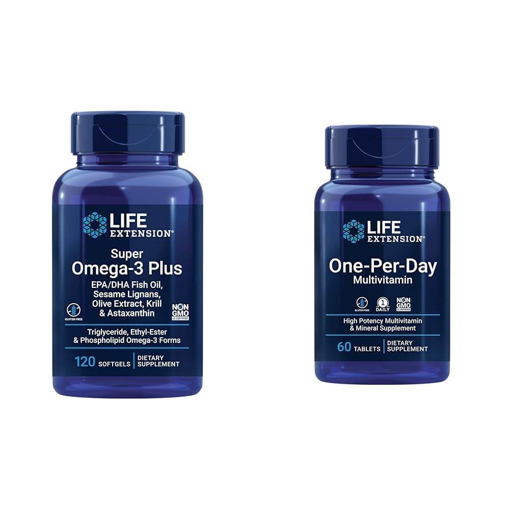 生命延伸 Super Omega-3 Plus EPA/DHA 鱼油、芝麻 利格南、橄榄抽取和单日多维他明 — 包装了超过25种维生素、矿物和植物