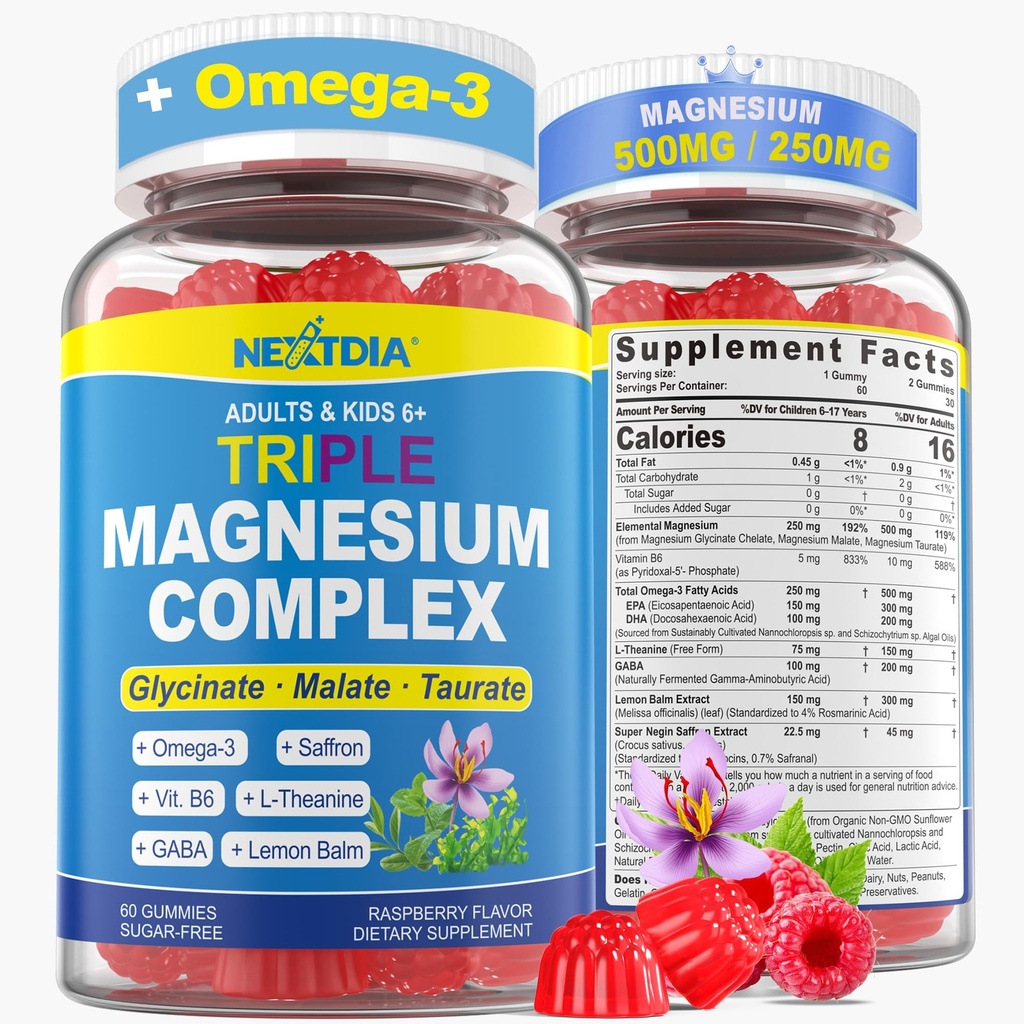 Magnesium + Omega-3 + Saffron for Kids & Adults Gummies, Kids Focus Calm Magnesium Gummies, Sugar Free Triple Magnesium Complex 500mg/250mg,Glycinate, Malate, Taurate, Theanine