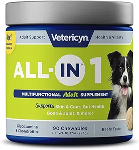 兽素全进 1 多功能犬素补充 QQ 消化酶 + Glucosamine + Chondroitin 用于骨骼和联合支持 + 维生素,抗氧化剂,预生素,Probiotics,以及 Omegas. 90 计数