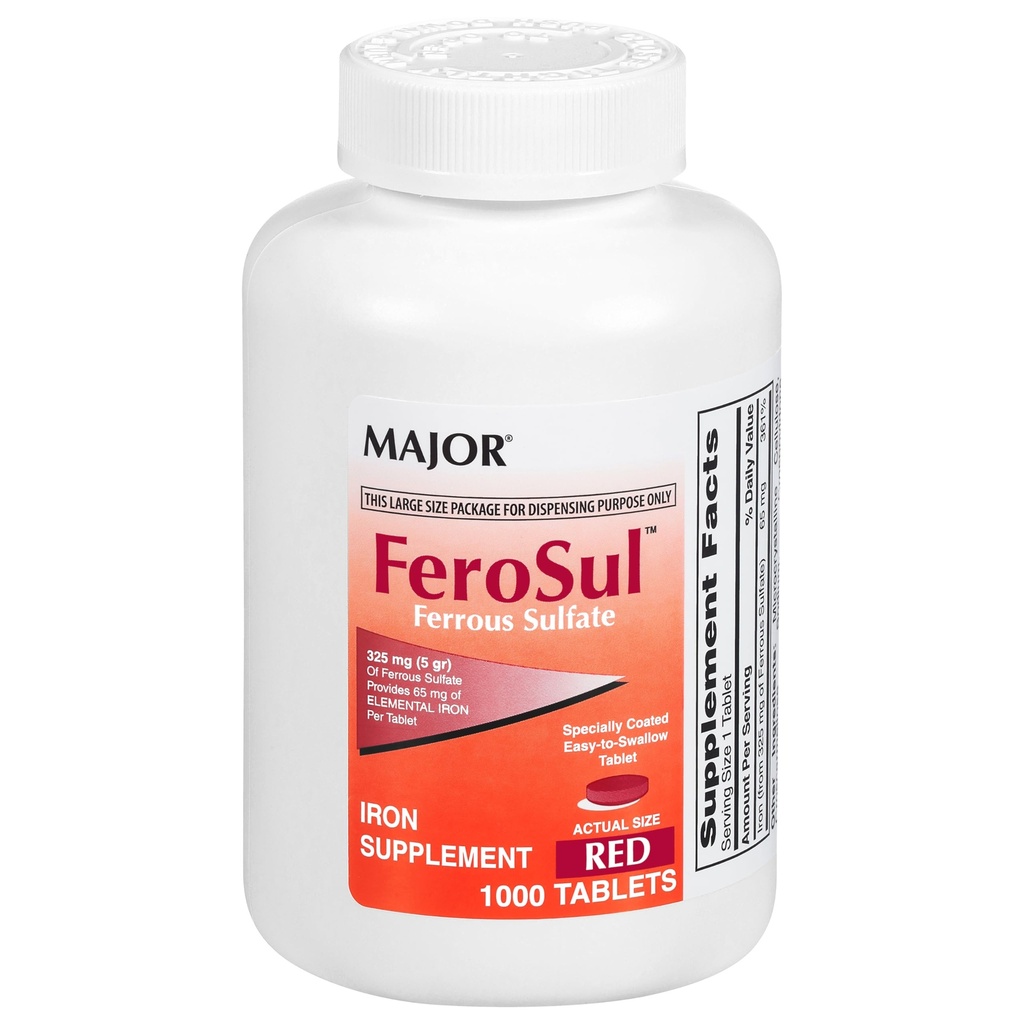 FeroSul少校 - Ferrous Sulfate 325 mg 平板电脑 - 女性和男性的铁辅料 - 特制的易吞平板电脑 - 红色 - 1000 计数器