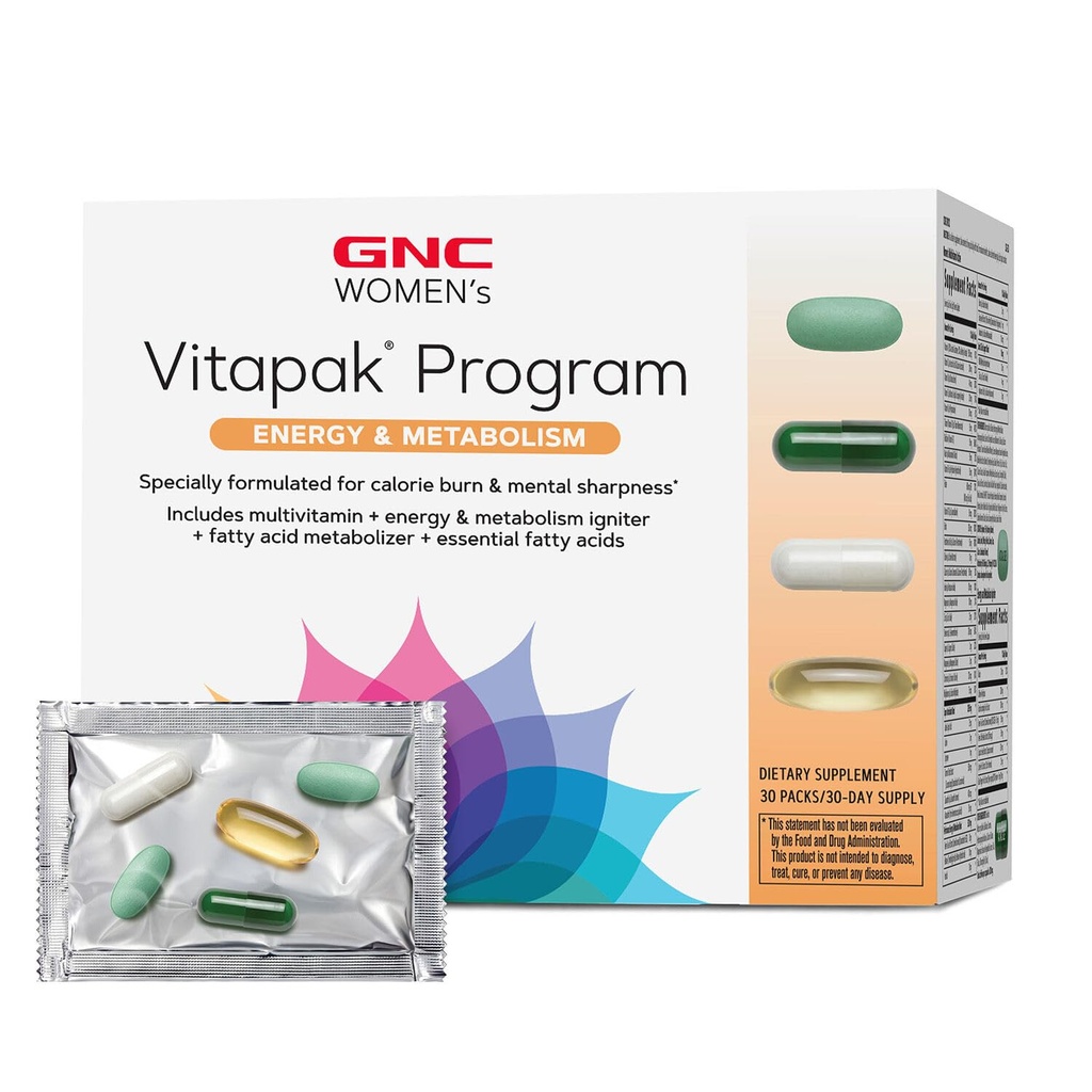 GNC Women’s Energy and Metabolism Vitapak Program, Convenient Complete Nutrition, 4 Products in 1 Packet, Calorie Burn, Mental Sharpness, 200mg Caffeine, with Proven Ingredients, Omega 3s, 30 svgs