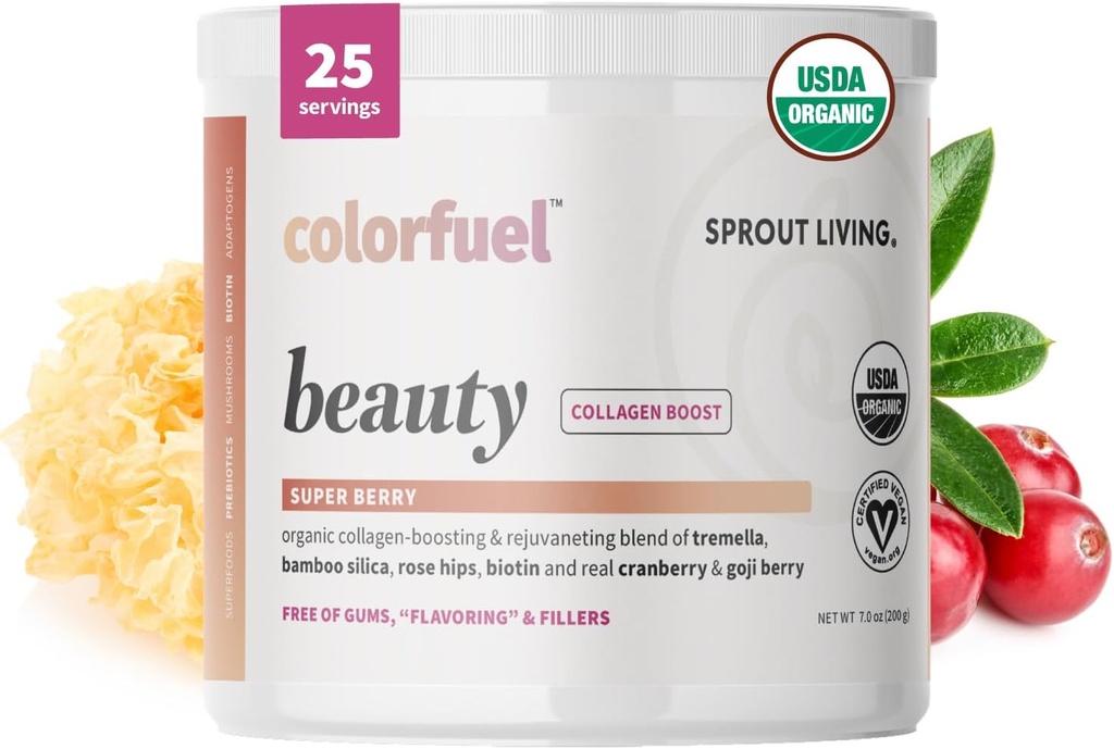 Sprout Living, Colorfuel Beauty Powder Drink Mix, Organic Superfoods + Adaptogens | Hair, Skin & Nails Support, Vegan Collagen Boost, Biotin, Silica, Vitamin C, Super Berry Flavor (25 Servings)