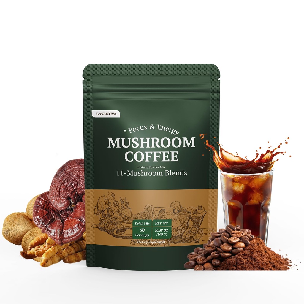 Mushroom Coffee, Instant Mushroom Coffee Powder with Lion’s Mane, Cordyceps, Reishi & Chaga, 11 Mushroom Blend, 2000mg Mushroom Complex, B Vitamins, Focus & Energy Support, 50 Servings