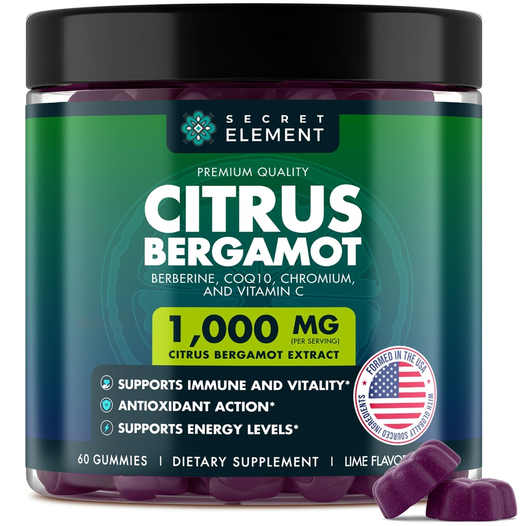 Citrus Bergamot 1000MG Gummies for Women and Men, Citrus Bergamot Extract with Berberine, CoQ10, Chromium & Vitamin C, Metabolic & Antioxidant Support, Sugar Free, Vegan, Lime Flavor, 60 Gummies