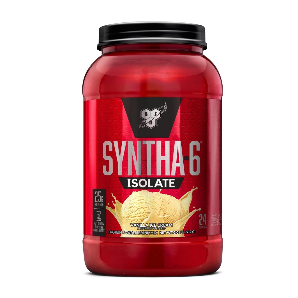 BSN SYNTHA-6 Isolate, Vanilla Post Workout Protein Powder for Muscle Gain, Whey Protein Isolate, Milk Protein Isolate, Essential Amino Acids, Vanilla Ice Cream, 2.01 Pounds, 24 Servings