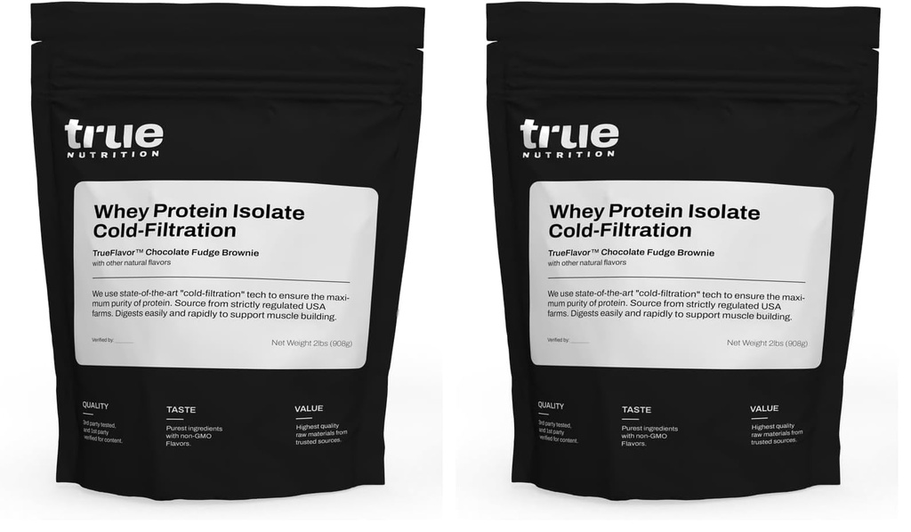 True Nutrition Whey Protein Isolate Cold-Filtration - 100% Whey Protein Powder - 27g Protein per Serving - Mixes Easily and Tastes Great - Third Party Tested - Chocolate - 2lb… (Pack of 2)