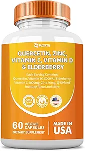 Quercetin 50 mg 锌 1000 mg 维生素C 5000 mg IU 维生素D3 1000 mg Turmeric 1000 mg 长老莓 配有Q-Defend Imune Blend Reisshi Nettle Arteemisin, Non-GMO,矿物补充品,60 Capsules