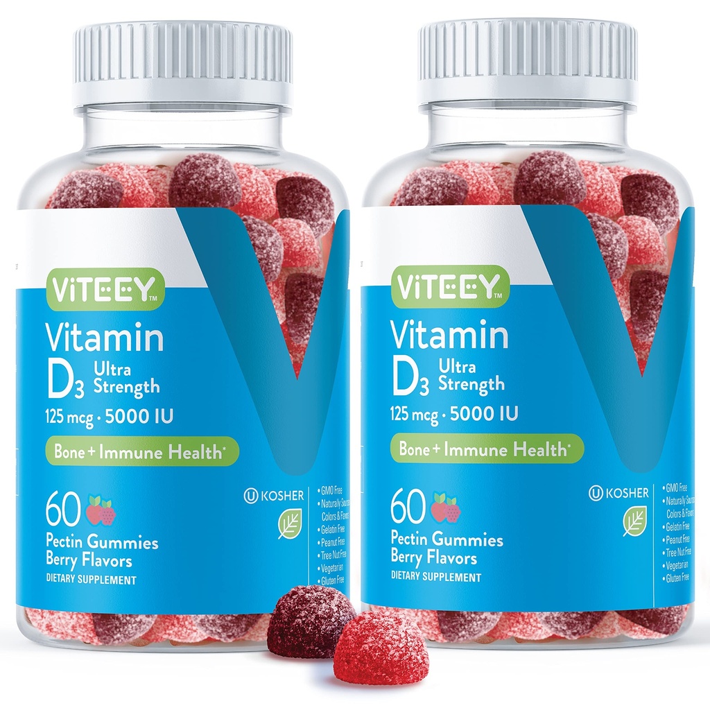 Viteey Vitamin D3 Gummies for Adults & Teens - 5,000 IU, 125mcg, Ultra Strength - Joint & Muscle Health, Immune Boost - Chewable Vitamin D Gummies - Vegetarian, Gelatin Free - Tasty Berry Flavored