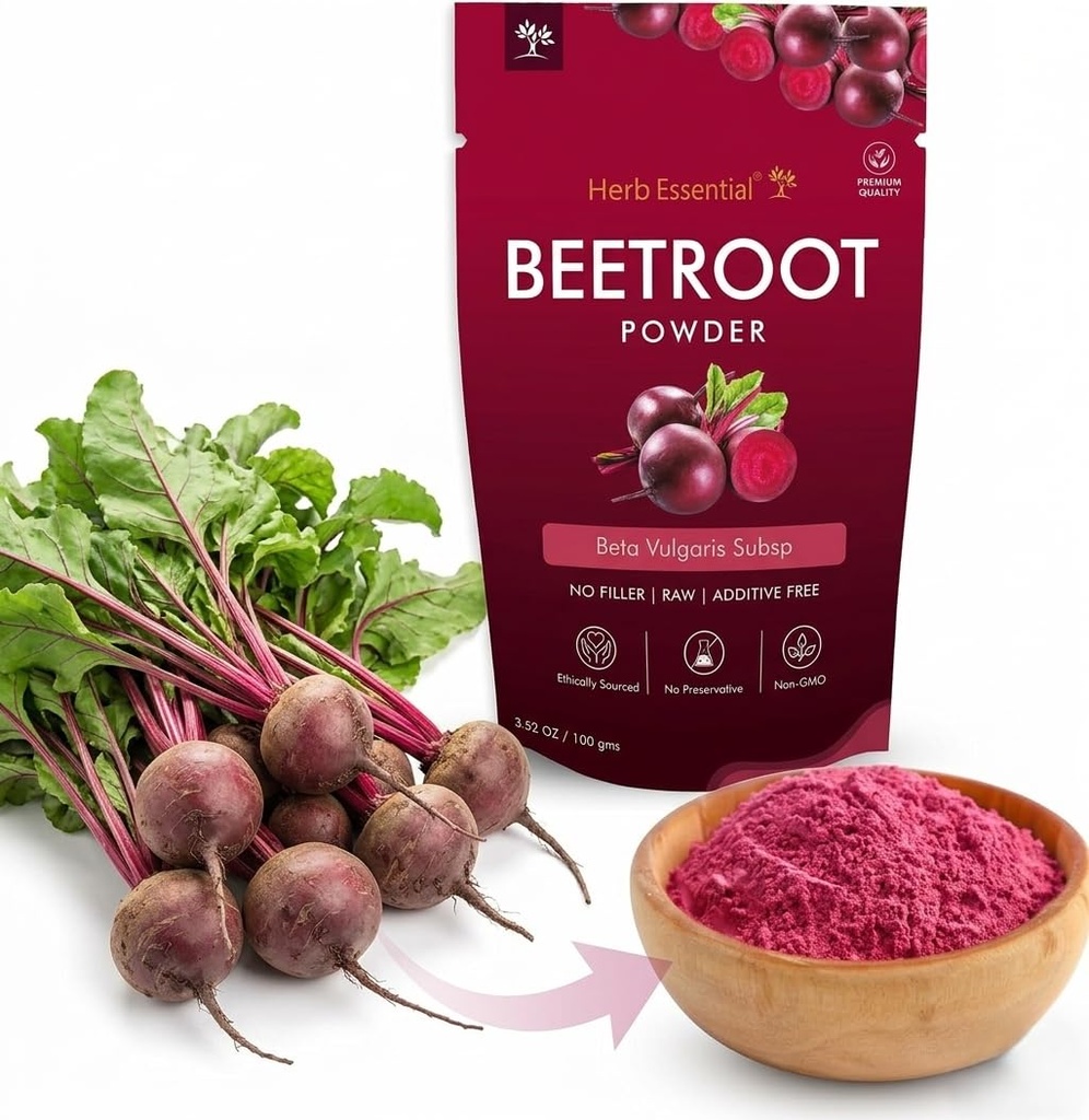 Herb Essential Beet Root Powder 3.52 oz (100g), Natural Vegan Organic Beetroot Powder Superfood Drink Mix for Smoothies, Juice & Shakes, Plant Based Formula for Energy, No Additives