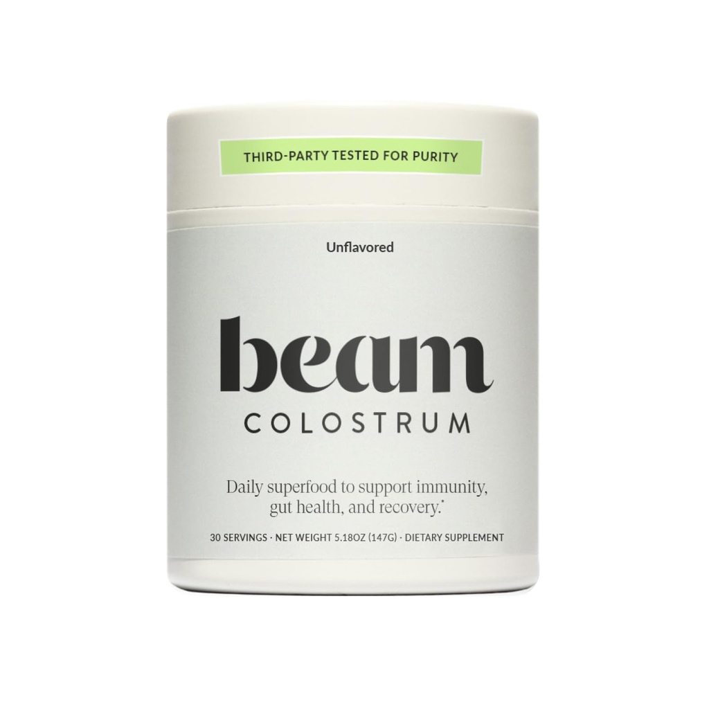 Beam Unflavored Colostrum Powder I Grass-Fed Pure Whole Bovine Colostrum for Gut Health, Bloating & Immune Support I Non-GMO Recovery Supplement I 3g per Serving I Third-Party Tested I 30 Servings