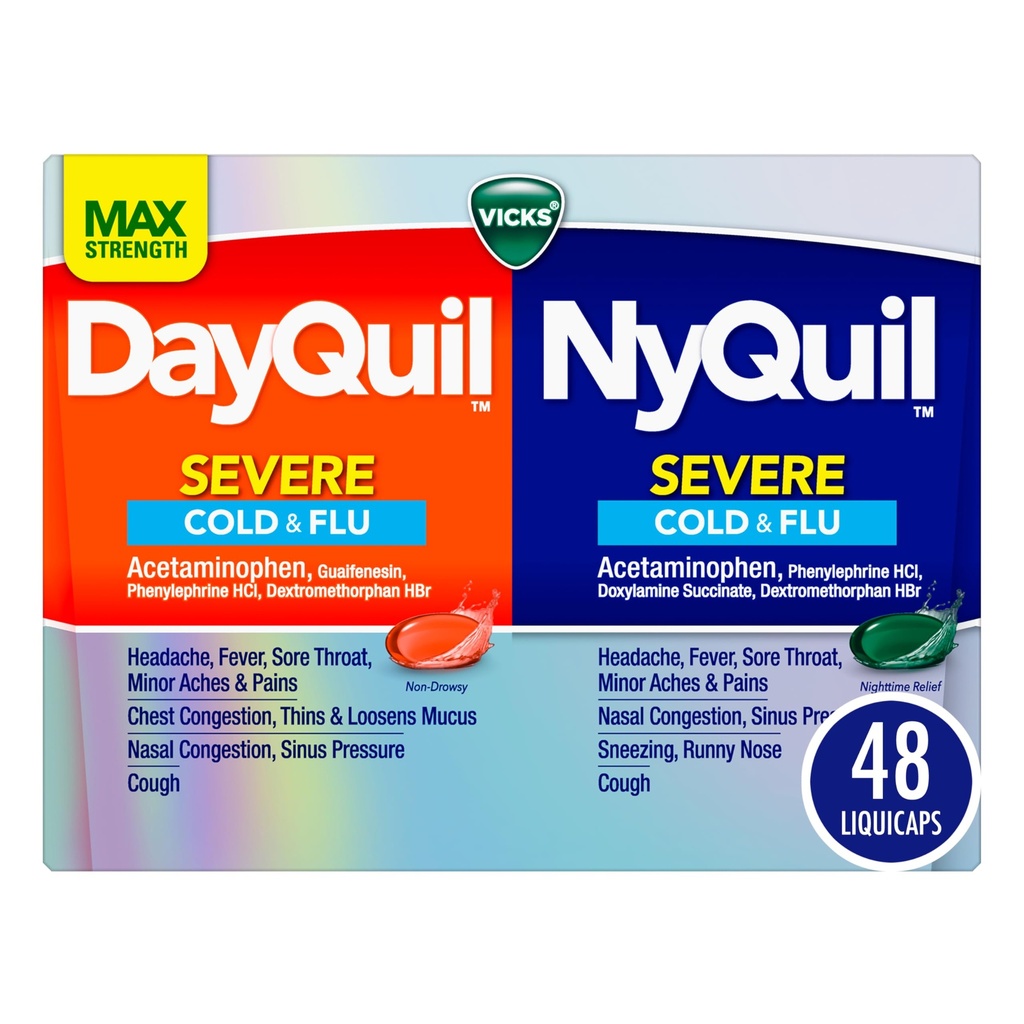 VICKS DayQuil & NyQuil SEVERE Co-Pack, Cold & Flus Medicine, 对头痛,发烧,喉痛,小痛和疼痛,摄入,辛纳斯压力,斯图菲诺斯,和咳嗽,48 Liqui Caps