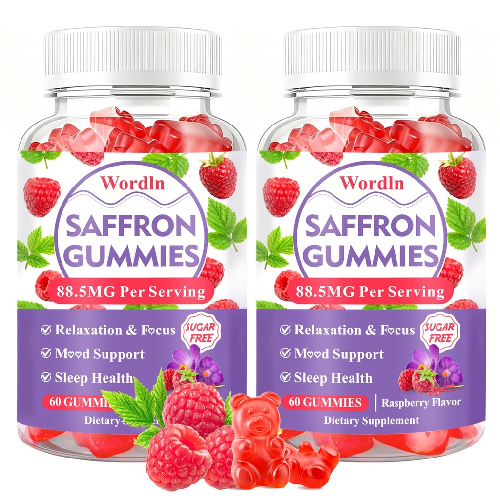 Saffron Gummies for Adults & Kids, Saffron Supplements with 88.5mg Saffron Extract, Ashwagandha, L-Theanine for Relaxation, Focus and Mood Support, 60 Gummies (Pack of 2)