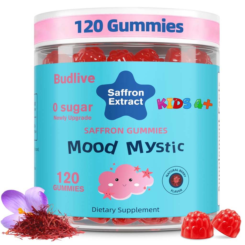 Saffron Gummies for Kids - Focus Calming Gummies Saffron Extract Supplements with Magnesium GABA, Supports Happy Mood & Cognition, Calms Temper Tantrums for Ages 4+, Sugar Free Raspberry, 120 Counts