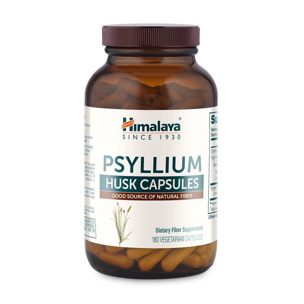 喜马拉雅 Psyllium Husk Capsules - 支持消化健康和规律的每日纤维补充剂 - Vegan, Non-GMO, 无糖, Gluten Free, 180 Capsules