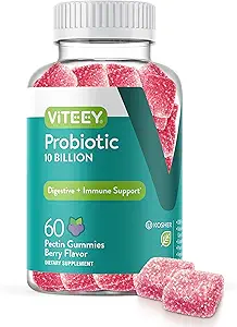 女性、男性和青少年的Vitey Probiotic Gummys - 最大力量 10亿细胞 - 消化健康、免疫支持的Probiotics - 蔬菜、Gelatin Free, GMO Free - Chewwable Berry Flawared