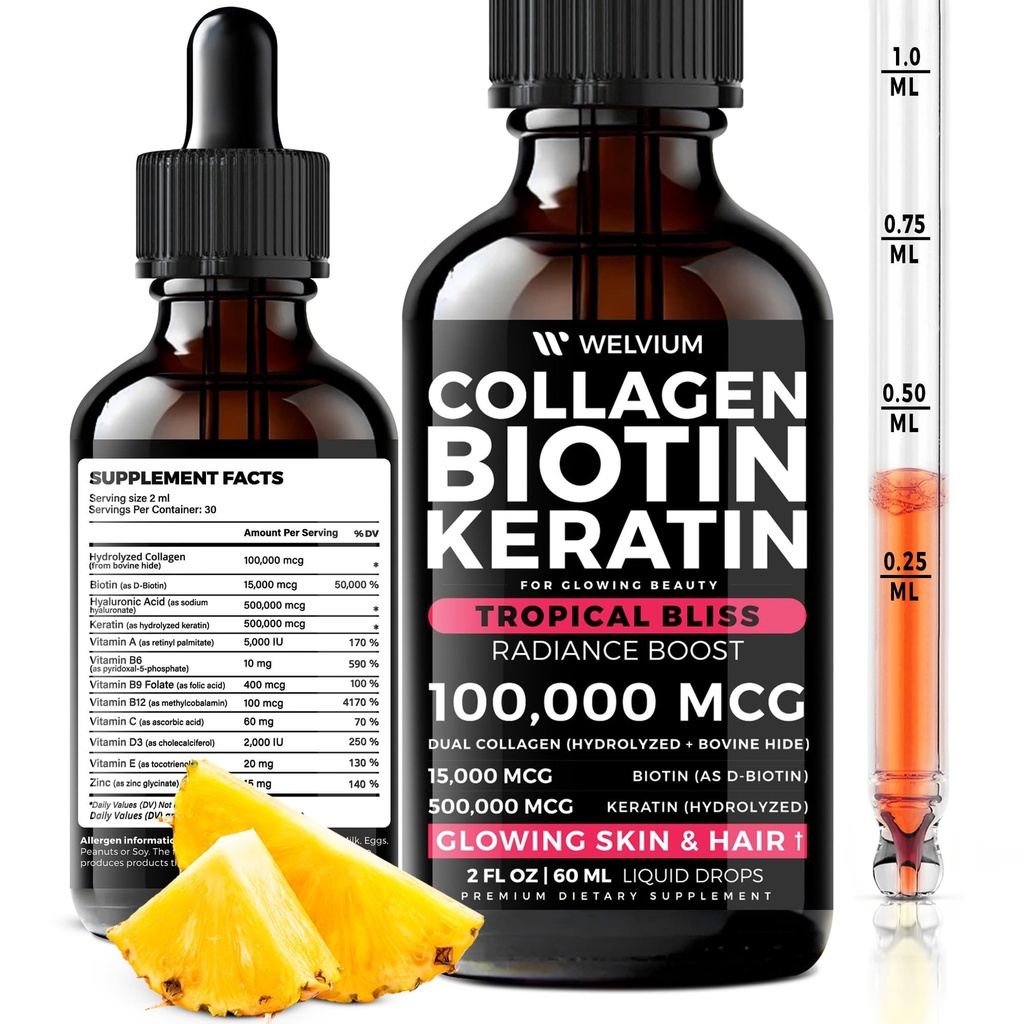 Liquid Biotin and Collagen Peptide Complex with Keratin, Hyaluronic Acid, MCT Oil, Zinc, Vitamins B6, B7, B12, A, C, D3, E - Hair, Skin, and Stronger Nails Supplement for Women and Men
