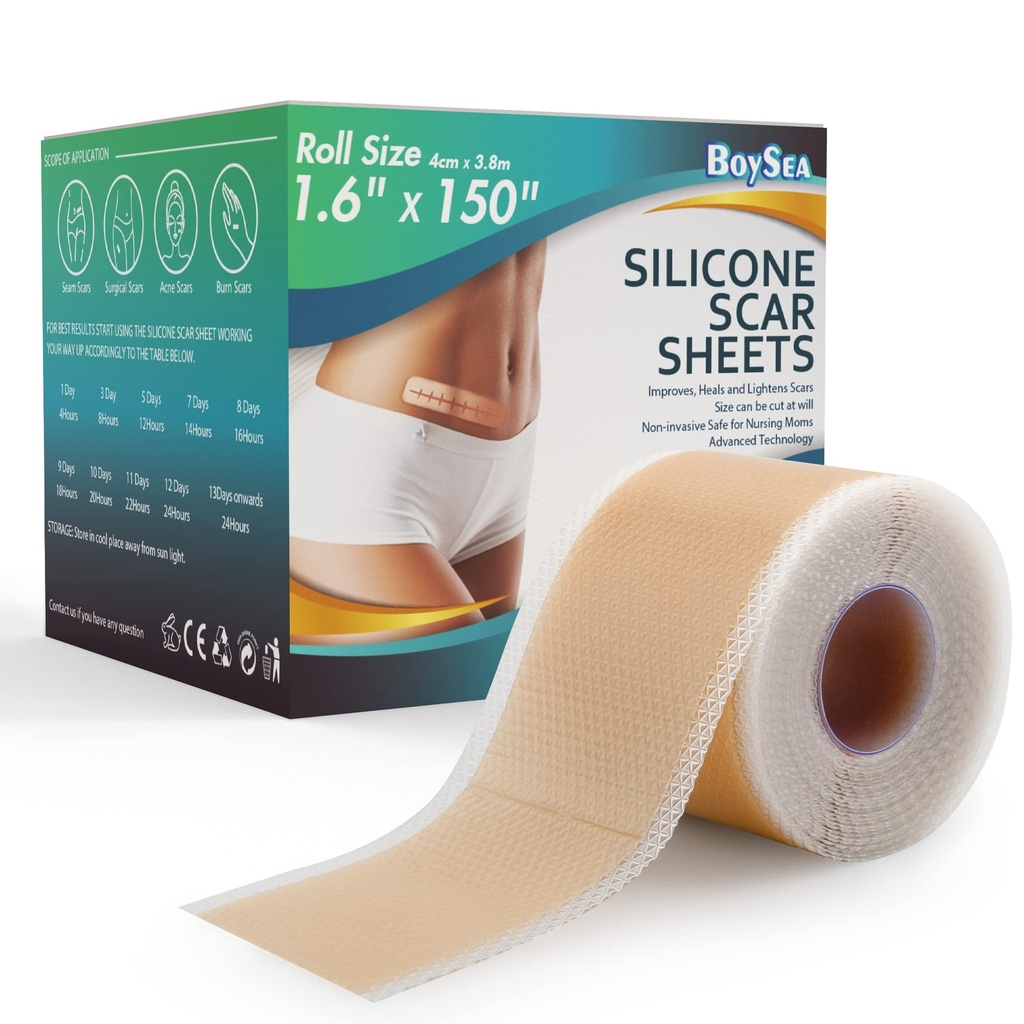 专业硅酮疤片(1.6"×150"Scar Roll-3.8M) - 切除疤片处理 - 可重复使用的Silicone Scar Tape Straps Type for Koloid, C-section,外科,Burn, Acne et.