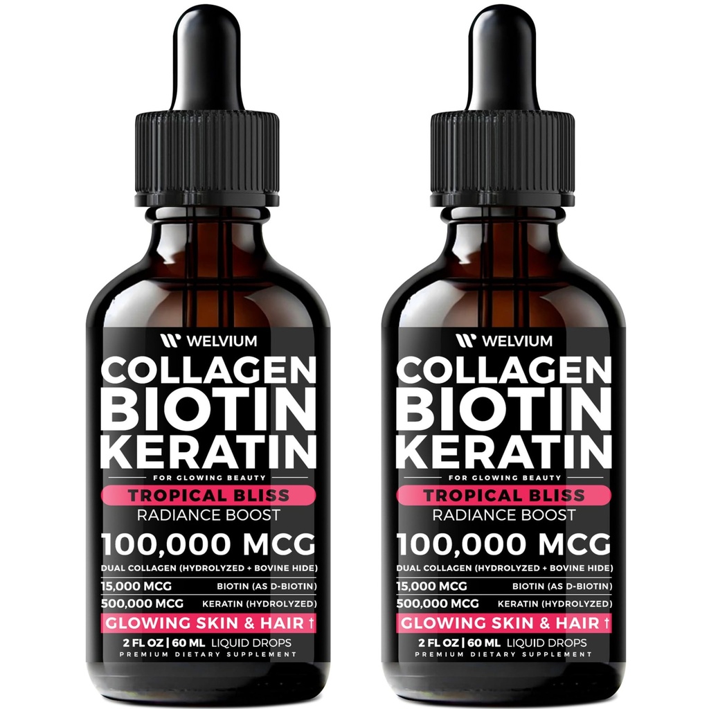 Liquid Biotin and Collagen Peptide Complex with Keratin, Hyaluronic Acid, MCT Oil, Zinc, Vitamins B6, B7, B12, A, C, D3, E - Hair, Skin, and Stronger Nails Supplement - 2 Pack