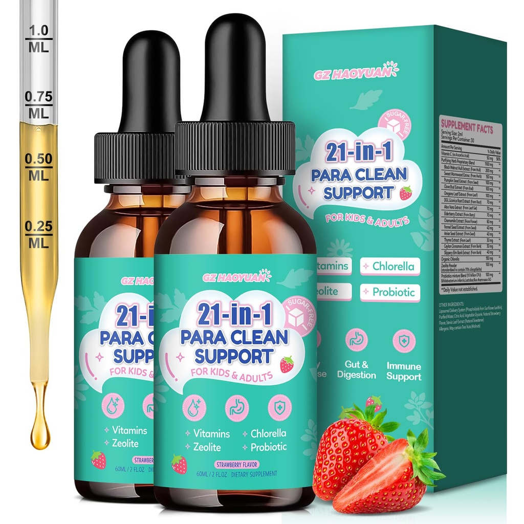 21 in 1 Herbal Gut Cleanse Drops – Wormwood, Black Walnut, Zeolite, Chlorella, 10B Probiotics & Clove – Supports Digestive Health Liquid Detox for Adults & Kids, Alcohol-Free, Strawberry Flavor, 4oz