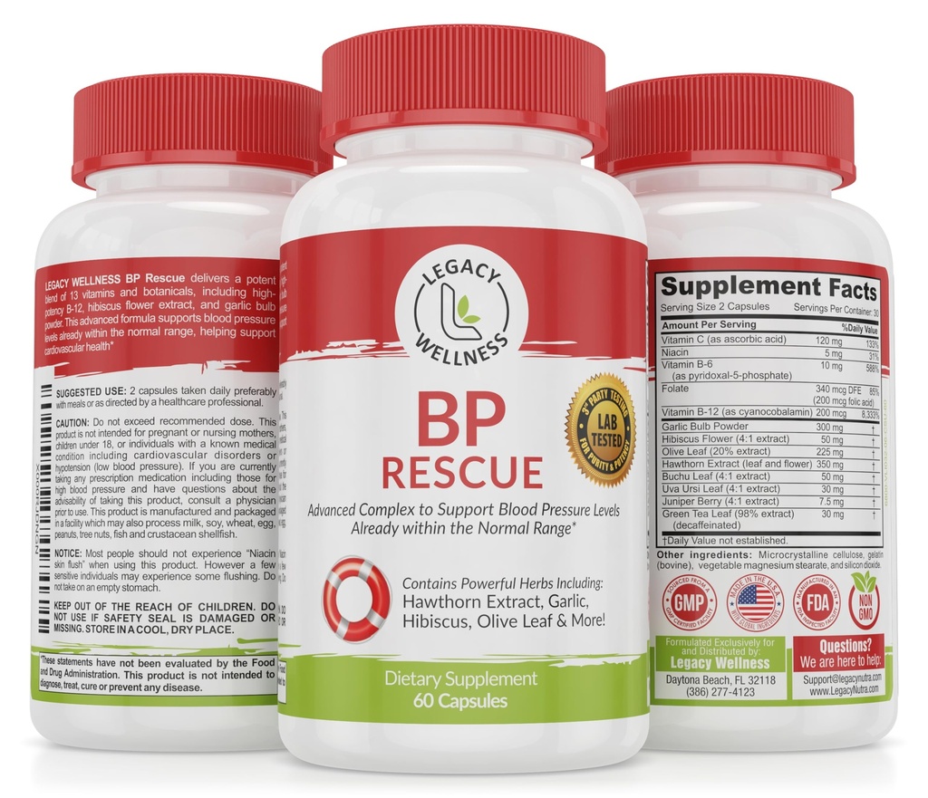 BP Rescue Blood Pressure Support Supplement - Vitamins & Herbs to Help Circulation & Blood Flow - Natural Blood Pressure Supplements with Hawthorn Berry, Garlic, Hibiscus in Capsules for Men & Women